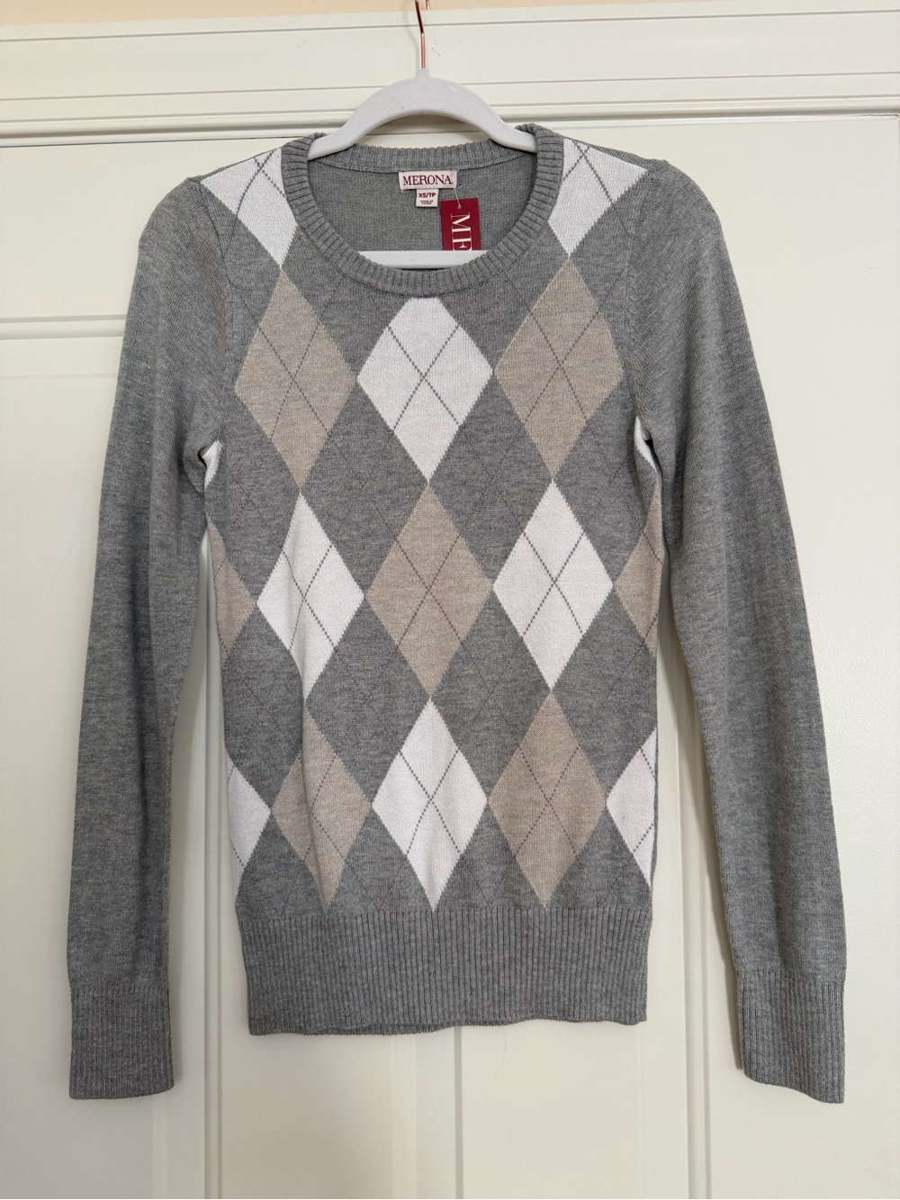 Merona Gray Crewneck Sweater with White & Beige Argyle